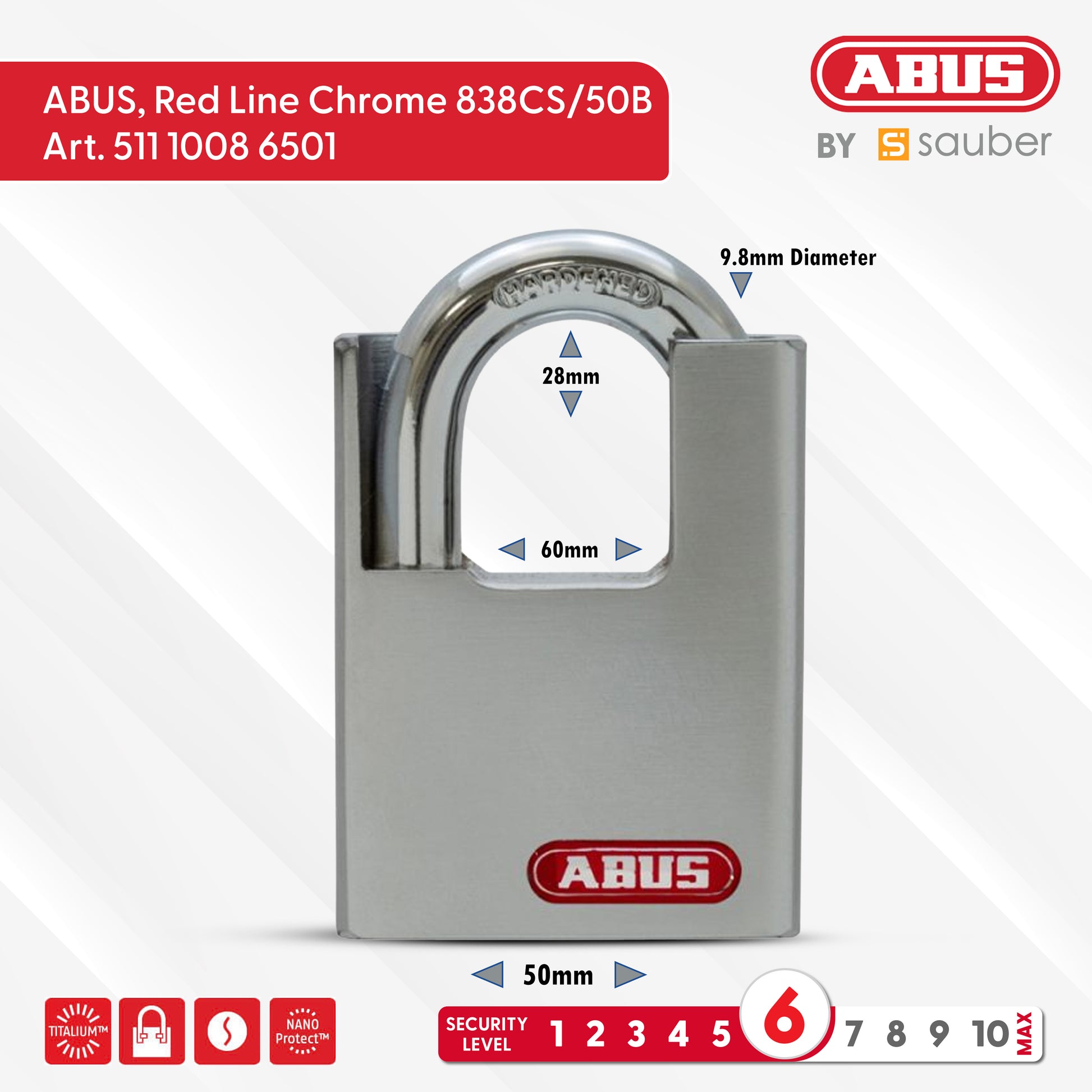 ABUS Padlock Red Line Chrome Plated 838CS/50B