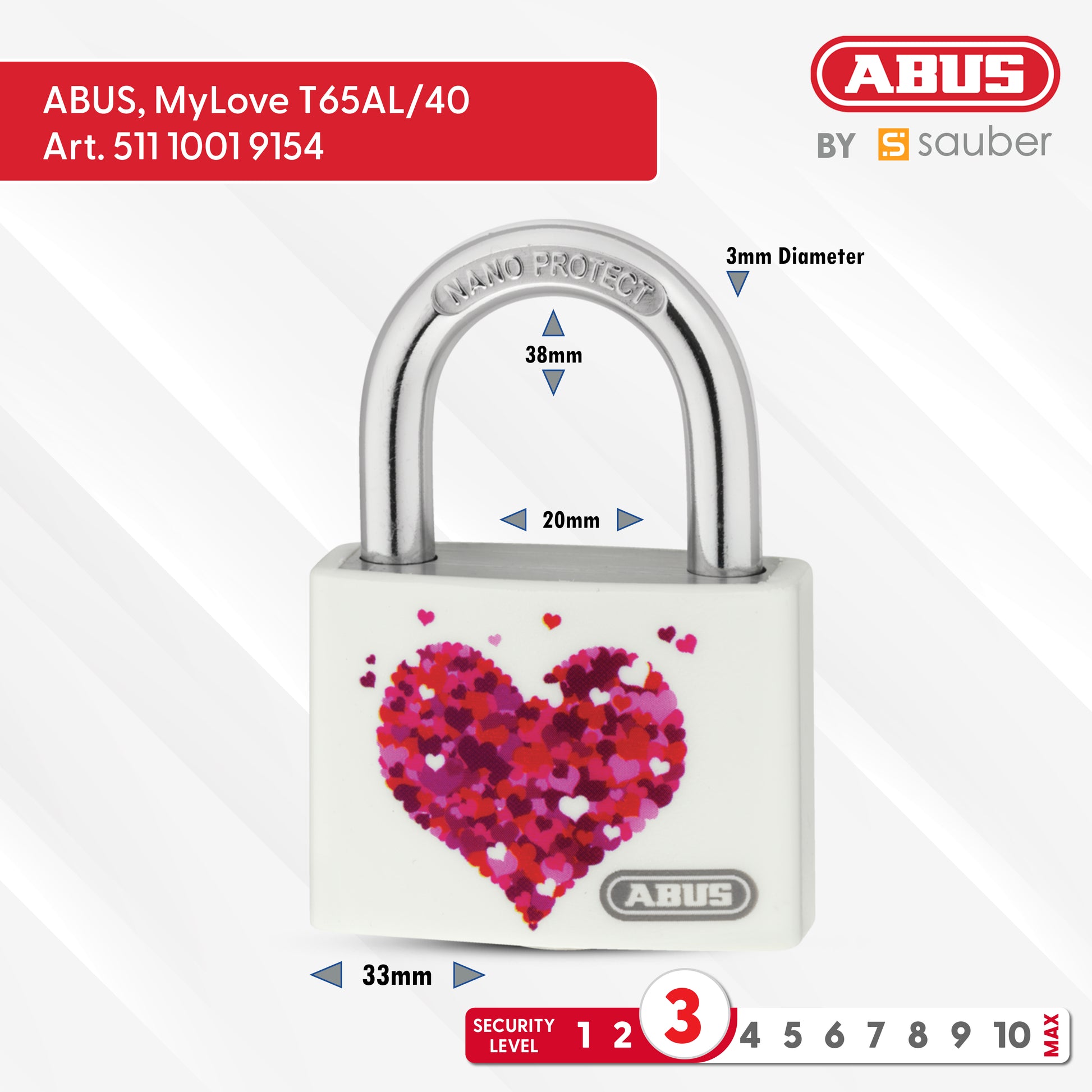 ABUS Padlock myLove T65AL/40 Hear/Beach B/DFNLI